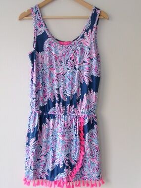 Lilly Pulitzer Jarrett Romper Oyster Bay Blue with tassels Small